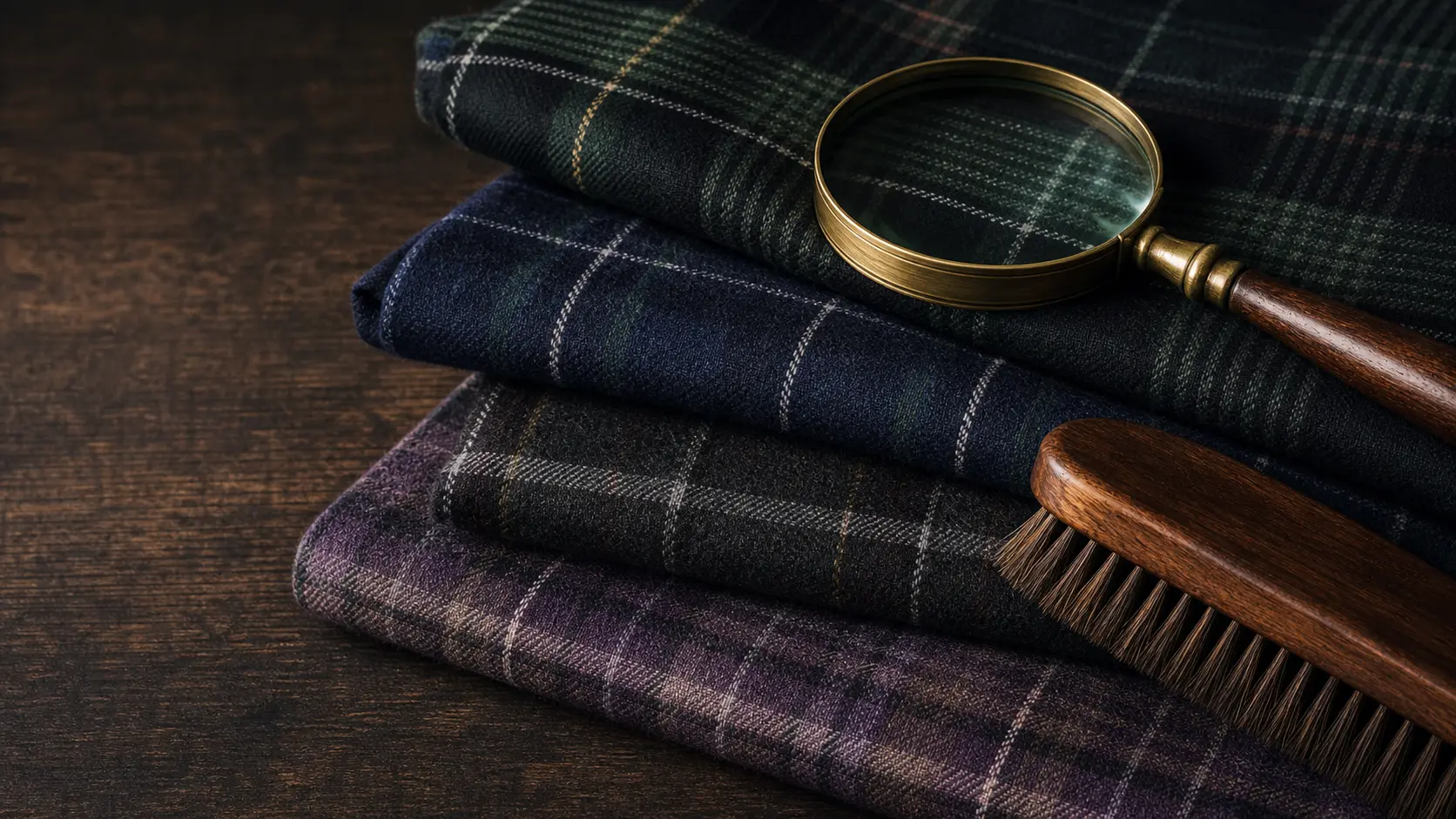 Folded Scottish tartan fabrics with a brass magnifying glass