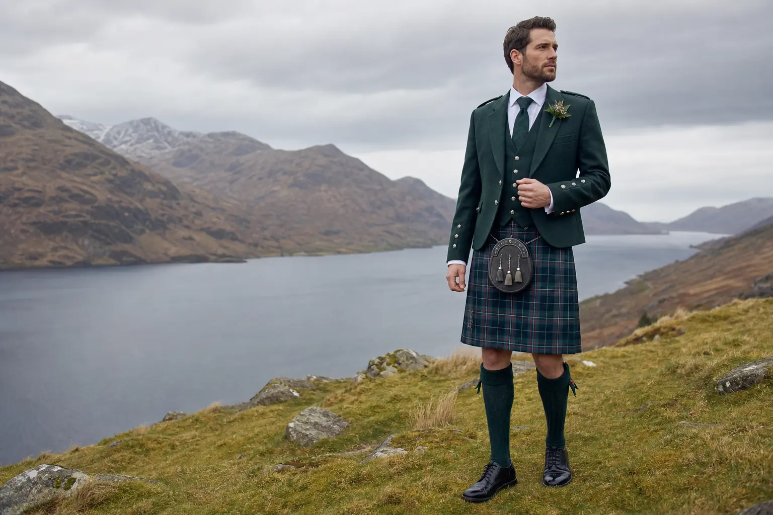 Groom in formal Highland dress beside a Scottish loch