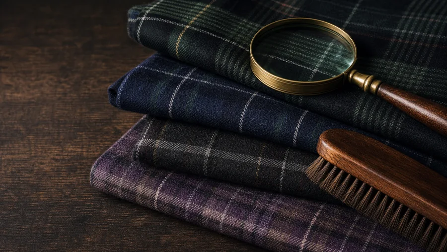 Folded tartan fabrics with a brass magnifying glass