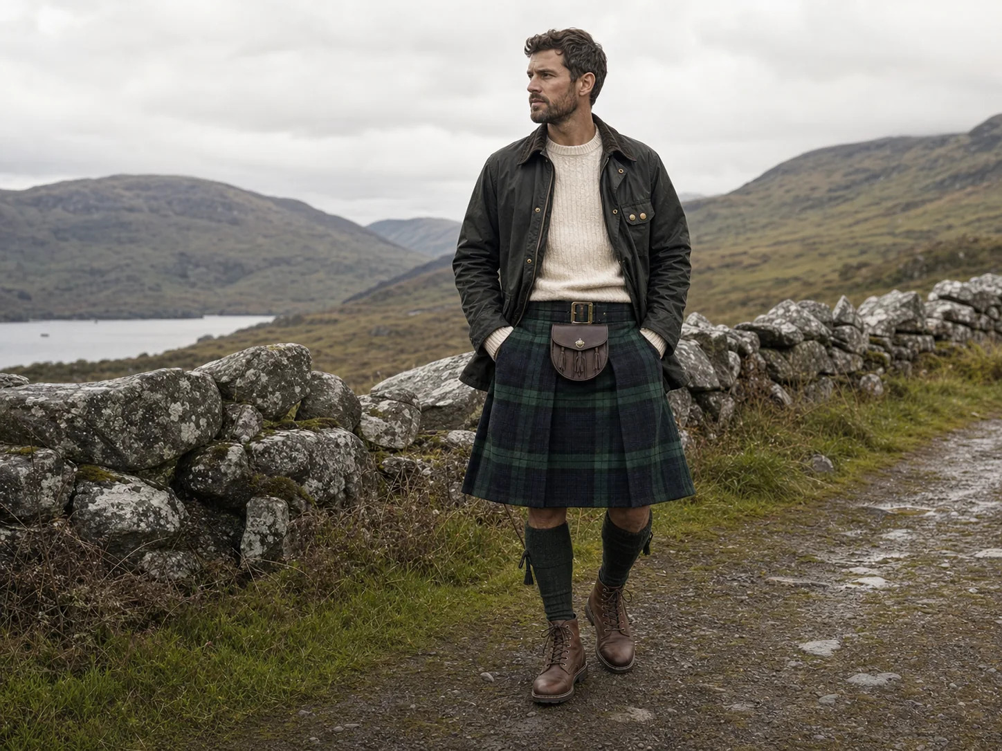 Man wearing a casual tartan kilt in the Scottish Highlands