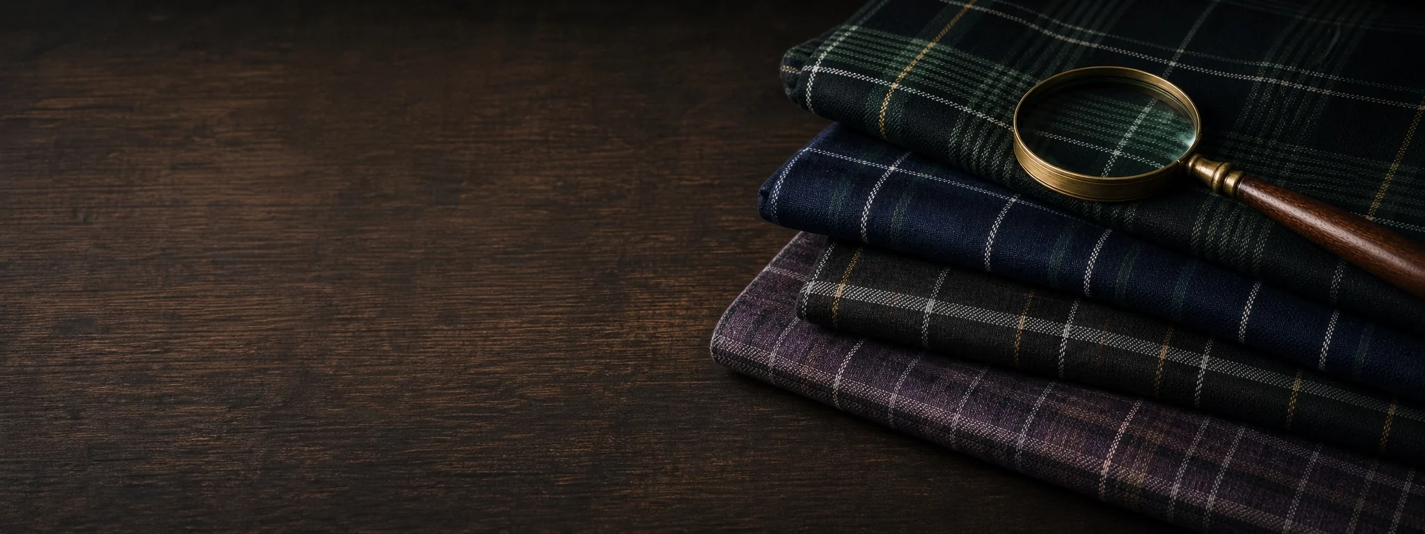 Folded tartan fabrics with a brass magnifying glass