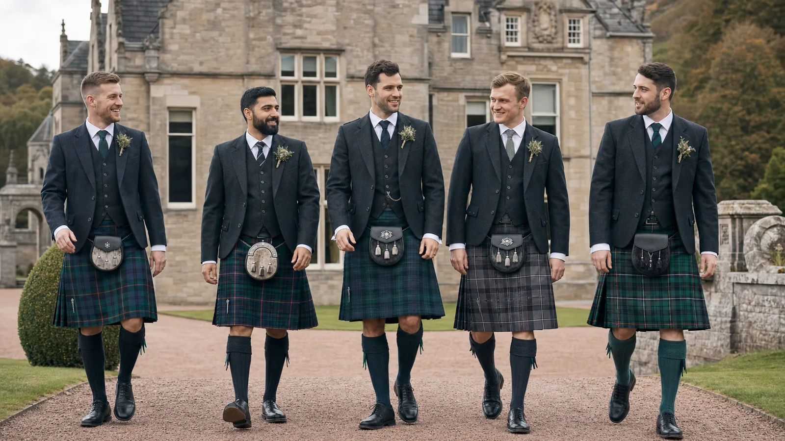 Grooms wearing coordinated Highland wedding outfits
