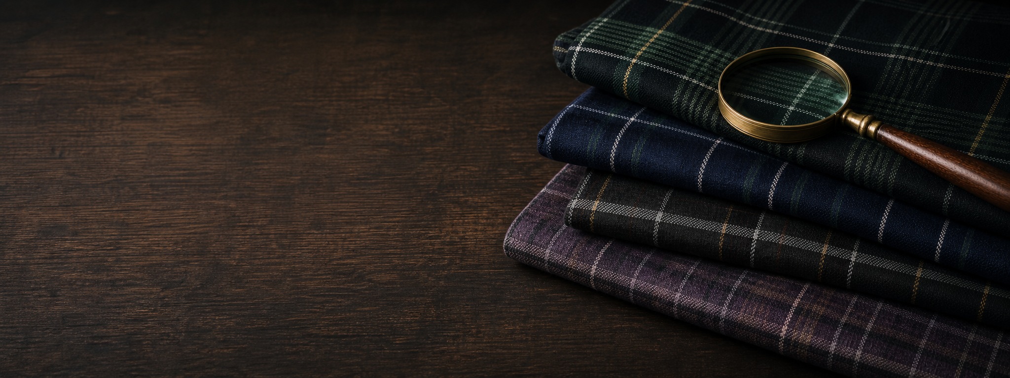 Folded tartan fabrics with a brass magnifying glass